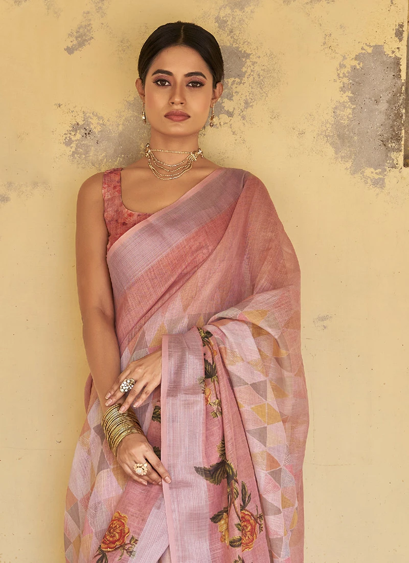 Baby Pink Linen Floral Printed Work Saree Festive Wear 6 Baby Pink Linen Floral Printed Work Saree Festive Wear - Image 4