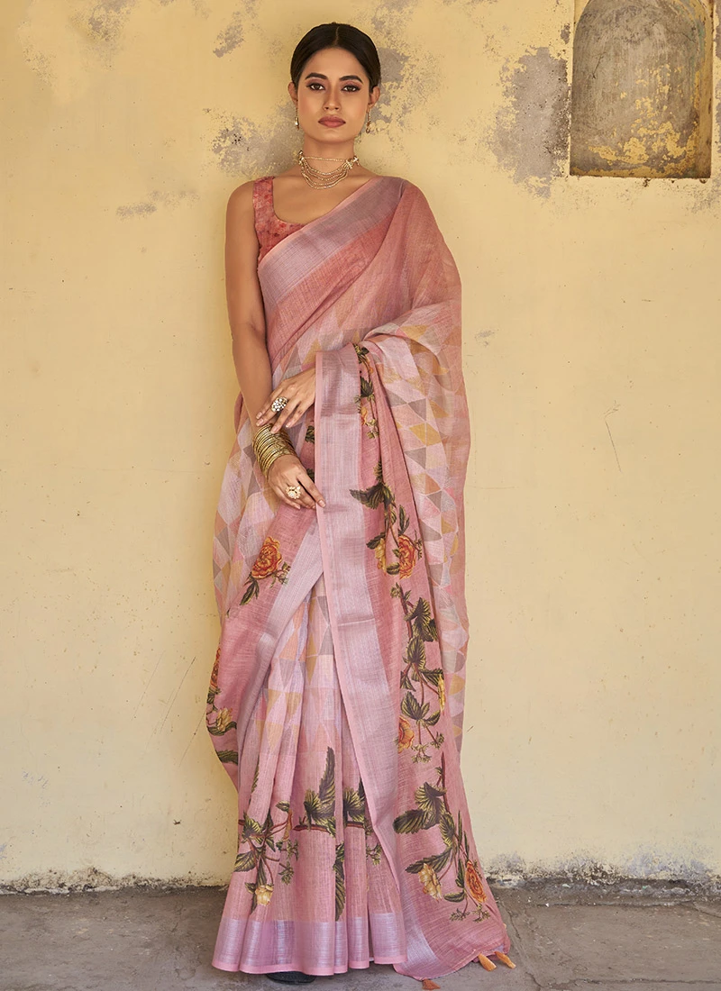Baby Pink Linen Floral Printed Work Saree Festive Wear 5 Baby Pink Linen Floral Printed Work Saree Festive Wear - Image 3