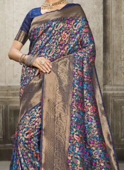 Banarasi Silk Navy Blue Color Jacquard Woven Saree Party Wear
