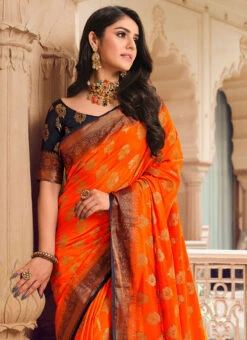 Banarasi Silk Orange Color Woven Work Saree Party Wear 9 Banarasi Silk Orange Color Woven Work Saree Party Wear -Sari Grace Shop banarasi silk orange color weaving work saree saspl3505 b