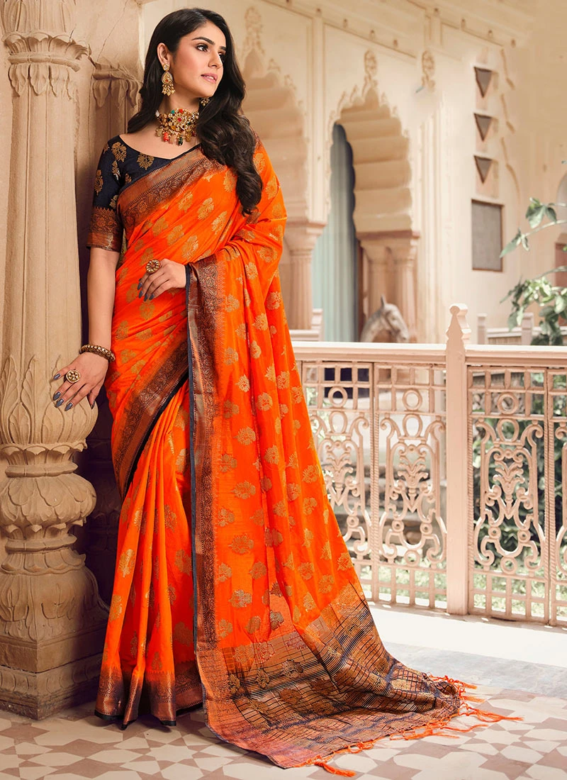 Banarasi Silk Orange Color Woven Work Saree Party Wear 5 Banarasi Silk Orange Color Woven Work Saree Party Wear - Image 3