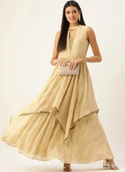 Beige Georgette Foil Printed Dress After Six Wear -Sari Grace Shop beige georgette foil printed dress DRBS02209651 u