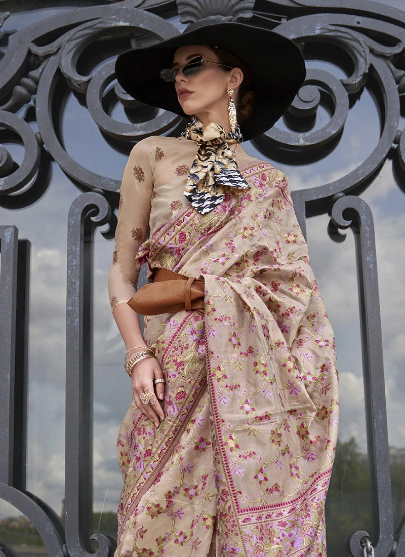 Beige Organza Handloom Saree Festive Wear 6 Beige Organza Handloom Saree Festive Wear - Image 4