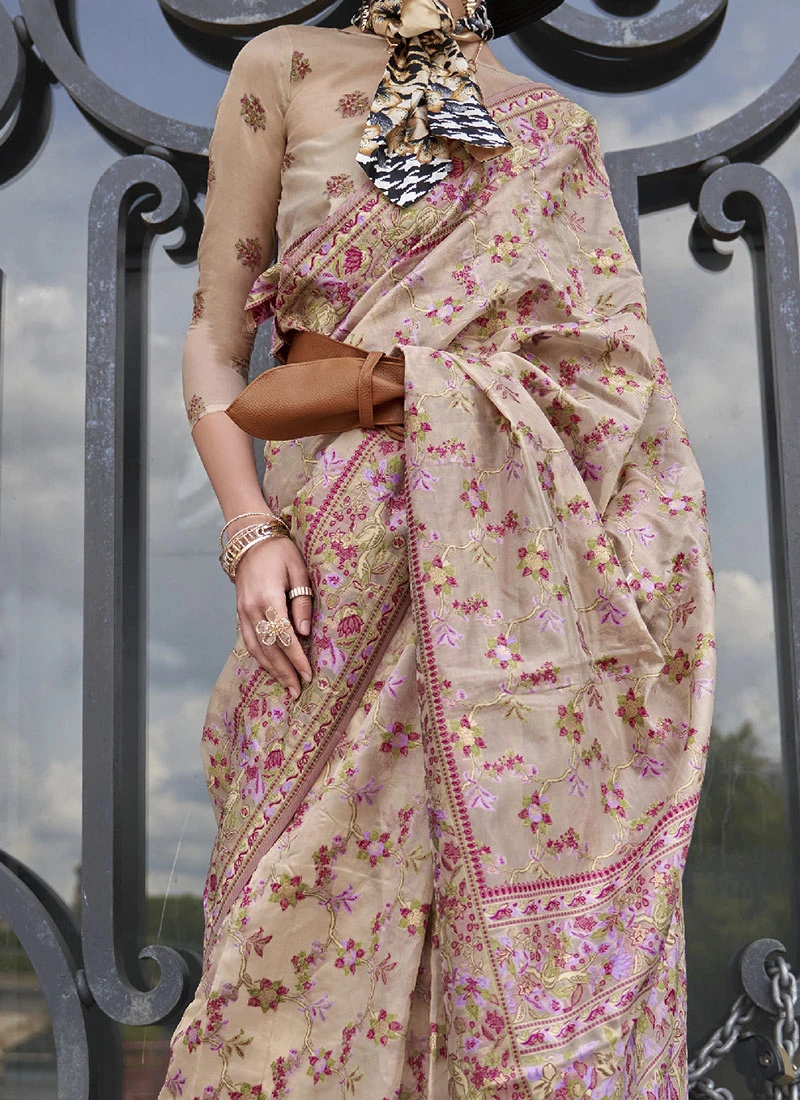 Beige Organza Handloom Saree Festive Wear 3 Beige Organza Handloom Saree Festive Wear