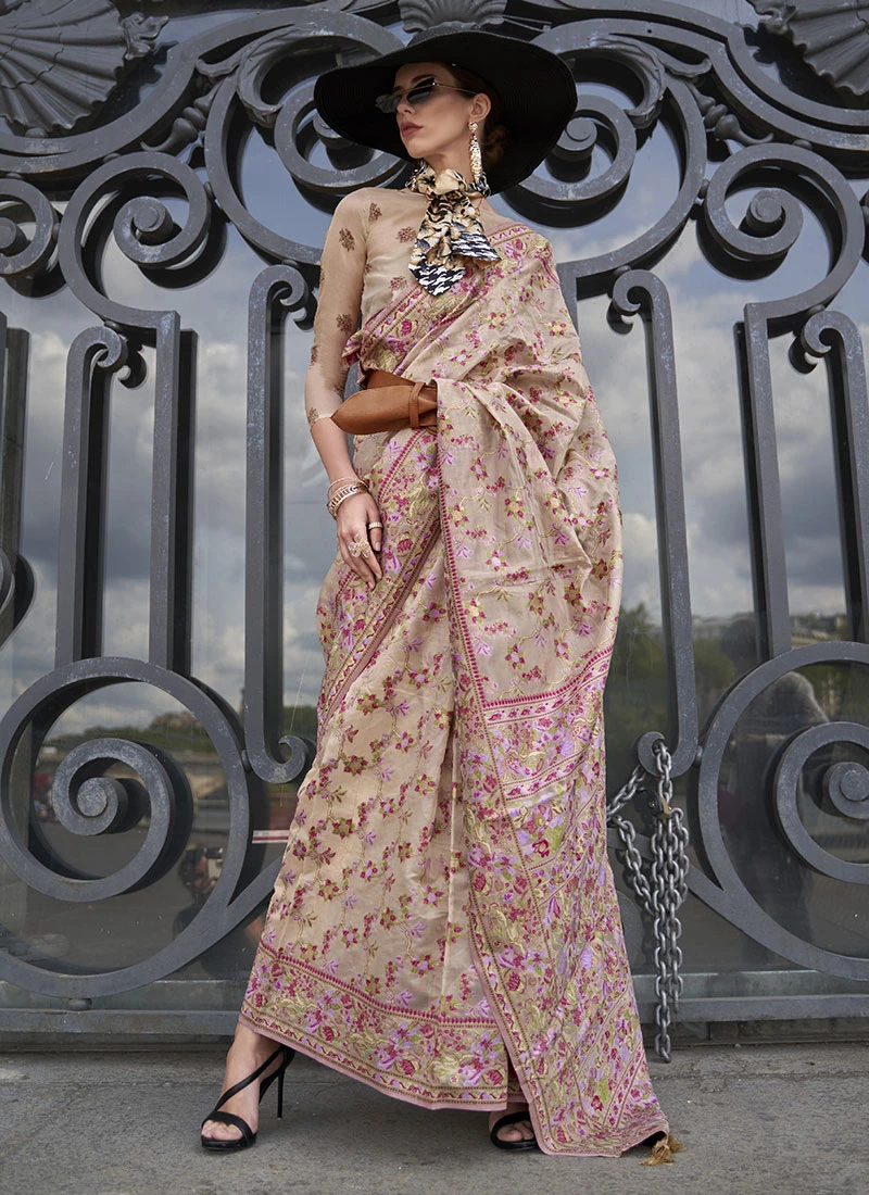 Beige Organza Handloom Saree Festive Wear 5 Beige Organza Handloom Saree Festive Wear - Image 3