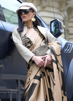 Beige Satin Blend Digital Print Saree After Six Wear -Sari Grace Shop beige satin blend digital print saree sasgf330001 b