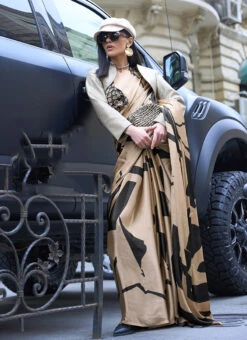 Beige Satin Blend Digital Print Saree After Six Wear -Sari Grace Shop beige satin blend digital print saree sasgf330001 u