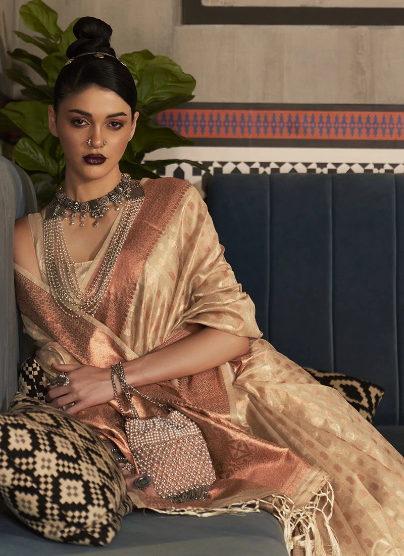 Beige Silk Jacquard Woven Saree Festive Wear 5 Beige Silk Jacquard Woven Saree Festive Wear - Image 4