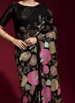 Black Banglori Silk Embroidery Saree Party Wear