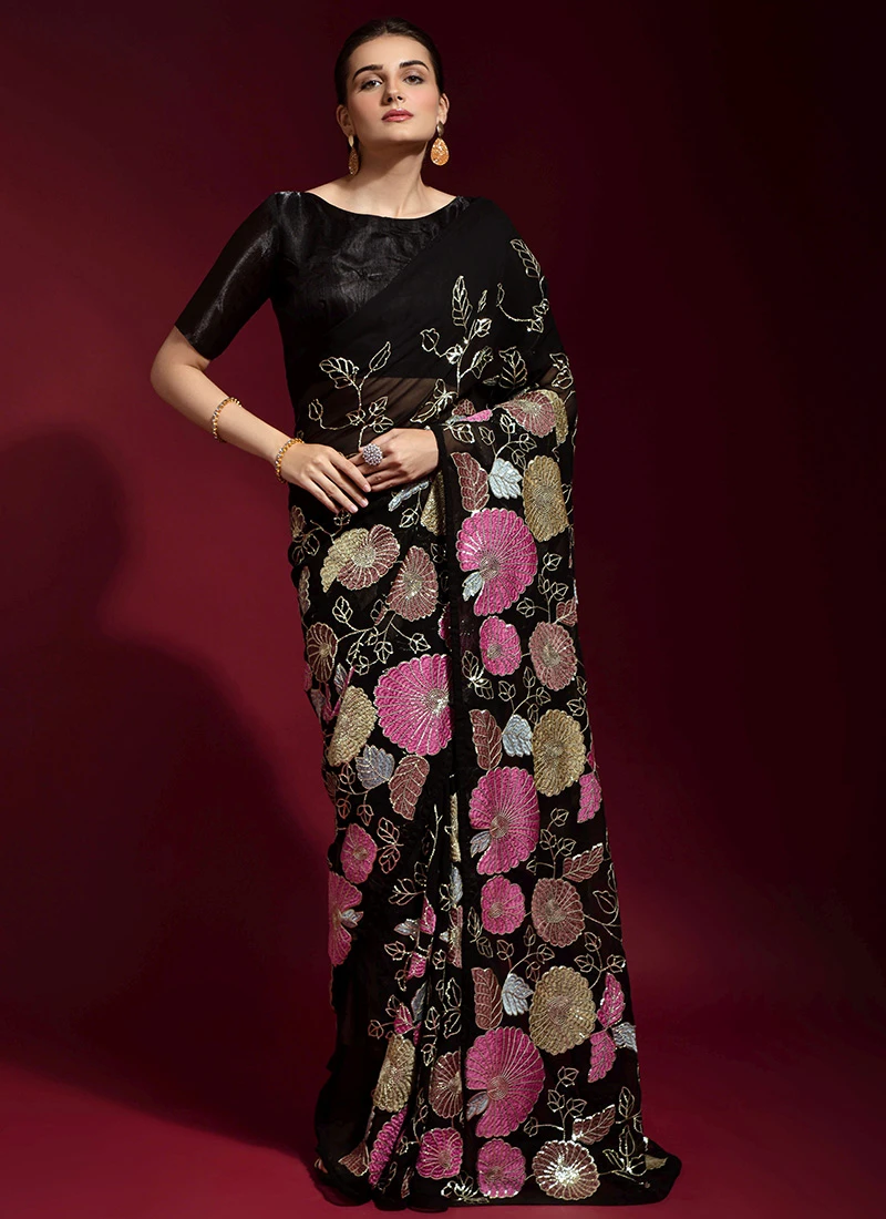 Black Banglori Silk Embroidery Saree Party Wear 5 Black Banglori Silk Embroidery Saree Party Wear - Image 3