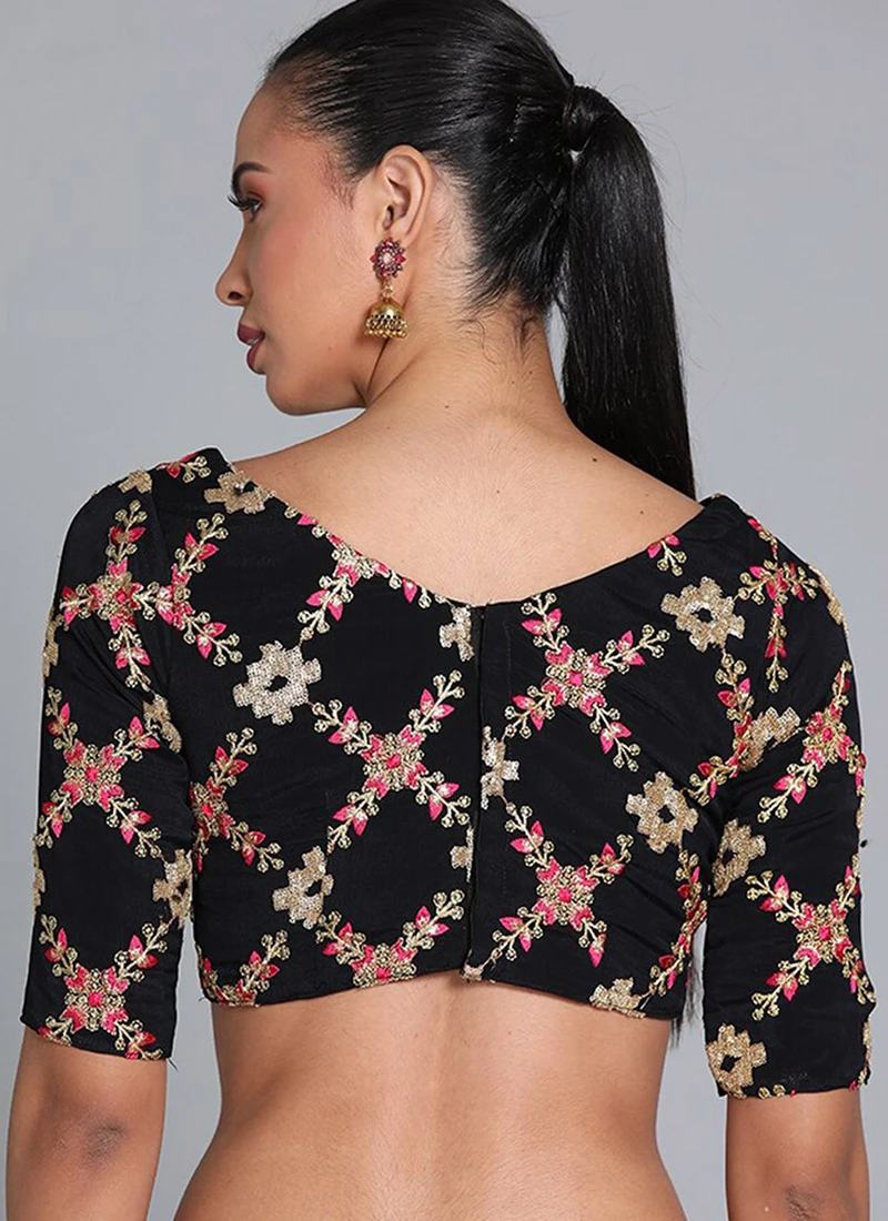 Black Chinon Embroidered Blouse Festive Wear 6 Black Chinon Embroidered Blouse Festive Wear - Image 4