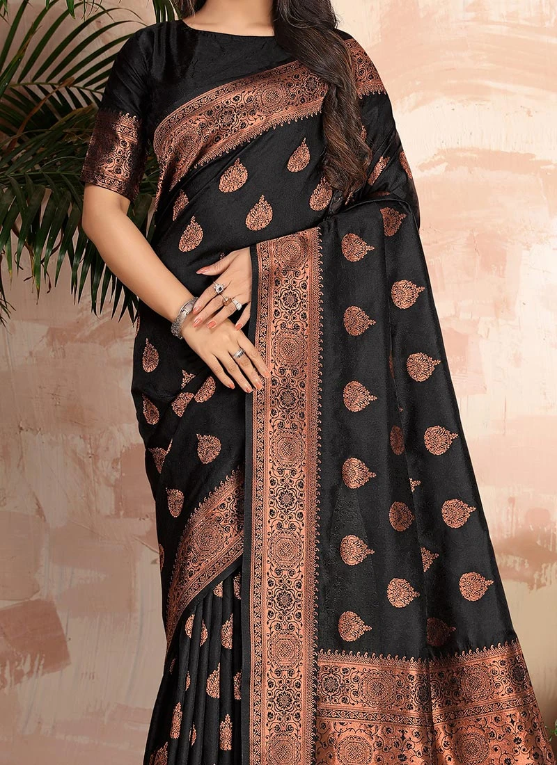 Black Color Jacquard Woven Work Banarasi Silk Saree Festive Wear 3 Black Color Jacquard Woven Work Banarasi Silk Saree Festive Wear