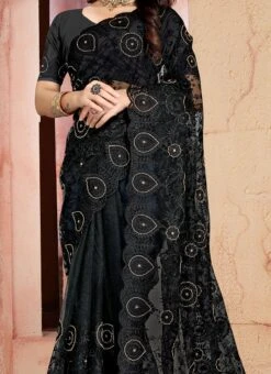 Black Color Resham Embroidery Khatli Handwork Net Saree Party Wear