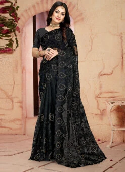 Black Color Resham Embroidery Khatli Handwork Net Saree Party Wear -Sari Grace Shop black color resham embroidery khatli handwork net saree sasun1891 u