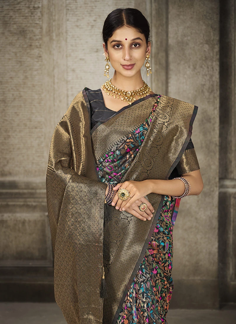 Black Color Woven Jacquard Banarasi Silk Saree Party Wear 6 Black Color Woven Jacquard Banarasi Silk Saree Party Wear - Image 4