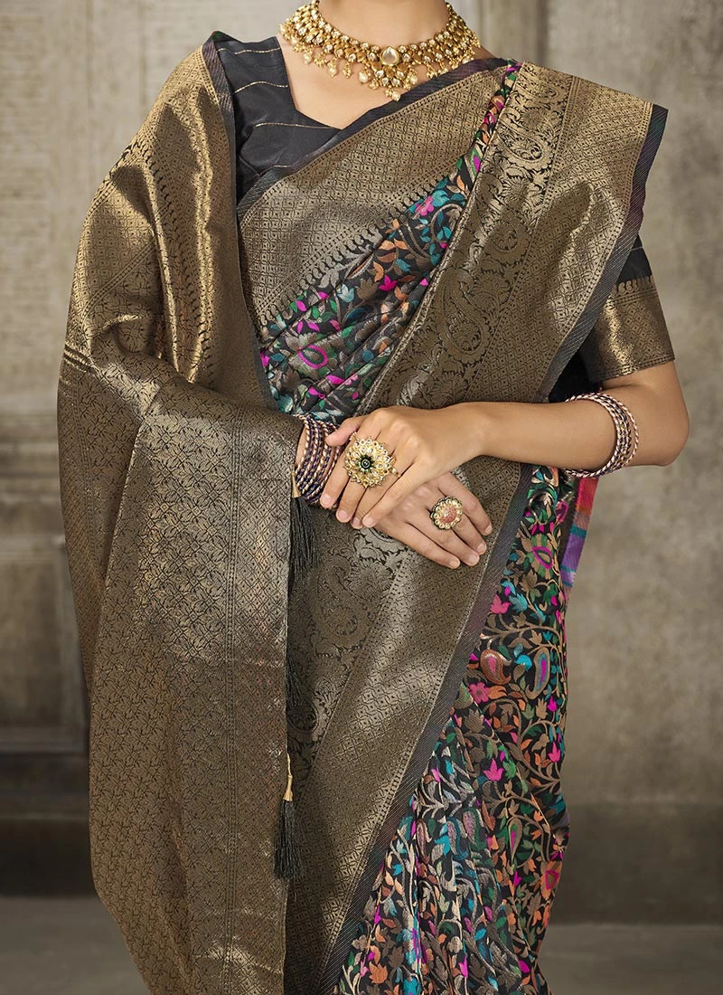 Black Color Woven Jacquard Banarasi Silk Saree Party Wear 3 Black Color Woven Jacquard Banarasi Silk Saree Party Wear