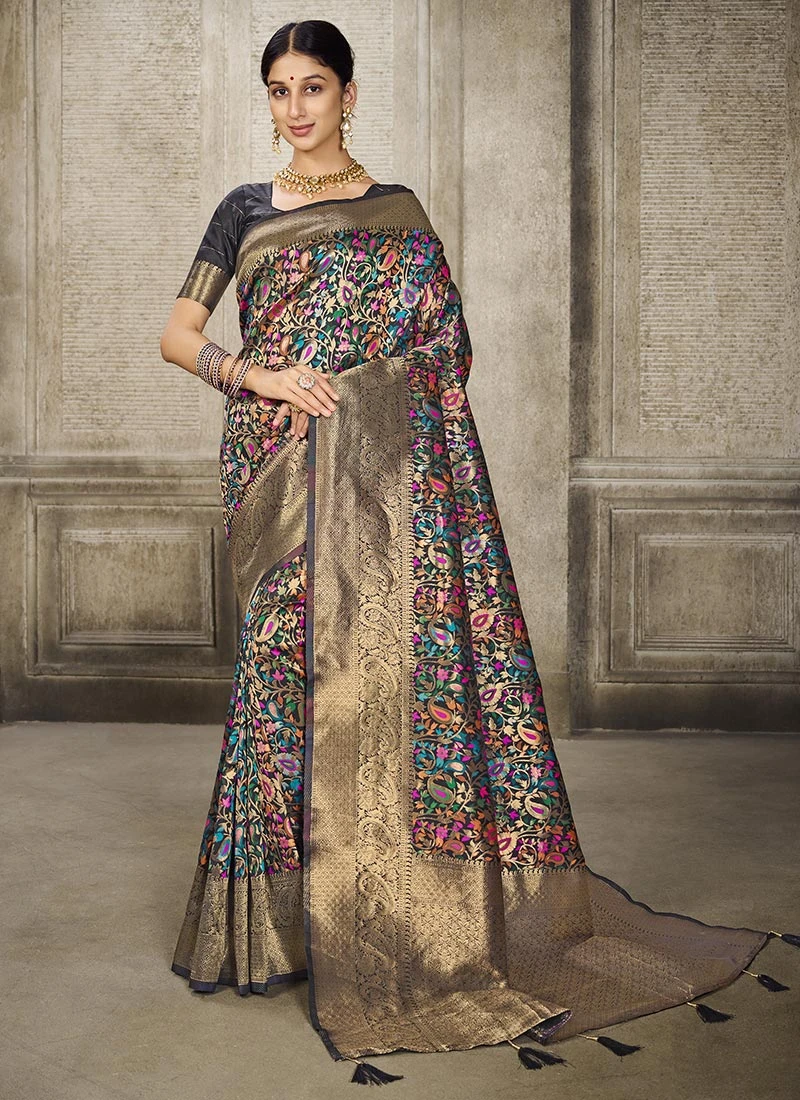 Black Color Woven Jacquard Banarasi Silk Saree Party Wear 5 Black Color Woven Jacquard Banarasi Silk Saree Party Wear - Image 3