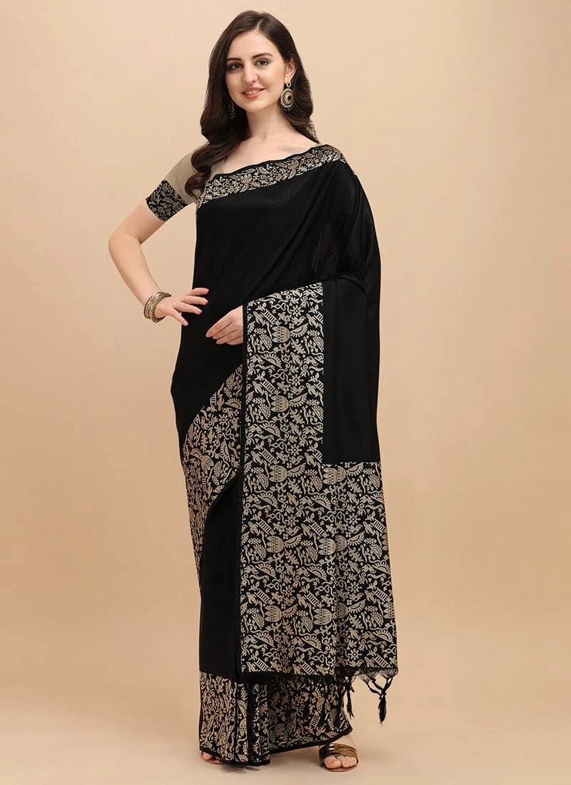 Black Color Zari Woven Border Banglori Raw Silk Saree Festive Wear 5 Black Color Zari Woven Border Banglori Raw Silk Saree Festive Wear - Image 3