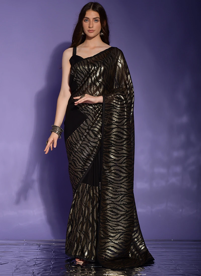 Black Faux Georgette Sequins Saree Party Wear 5 Black Faux Georgette Sequins Saree Party Wear - Image 3