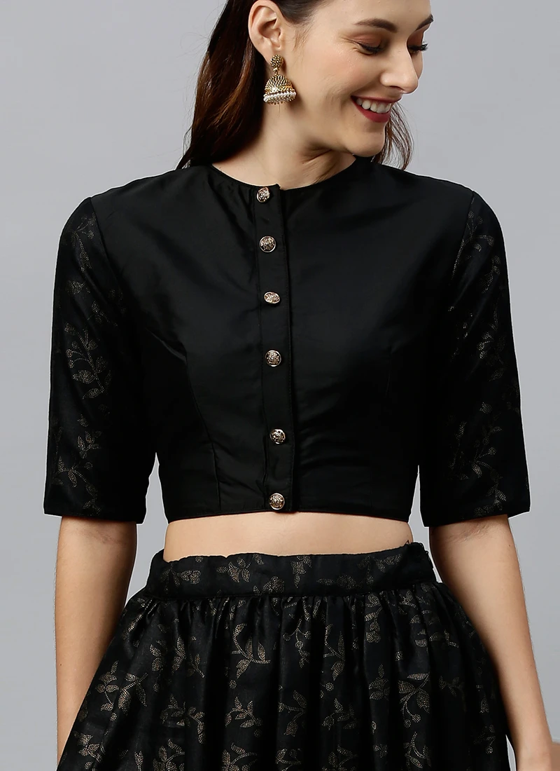 Black Foil Printed Jewel Neck Blouse Festive Wear 6 Black Foil Printed Jewel Neck Blouse Festive Wear - Image 4