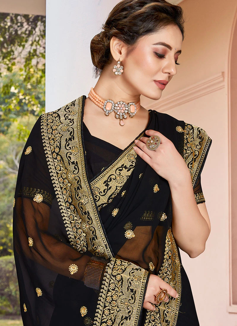 Black Georgette Zari Embroidery Work Saree Festive Wear 6 Black Georgette Zari Embroidery Work Saree Festive Wear - Image 4