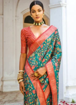 Blue Art Silk Printed Saree After Six Wear -Sari Grace Shop blue art silk printed saree samknsz5007 b