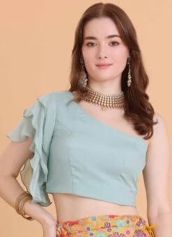 Blue Chinon One Shouldered Blouse Festive Wear 8 Blue Chinon One Shouldered Blouse Festive Wear -Sari Grace Shop blue chinon one shouldered blouse BLBS02309114 u