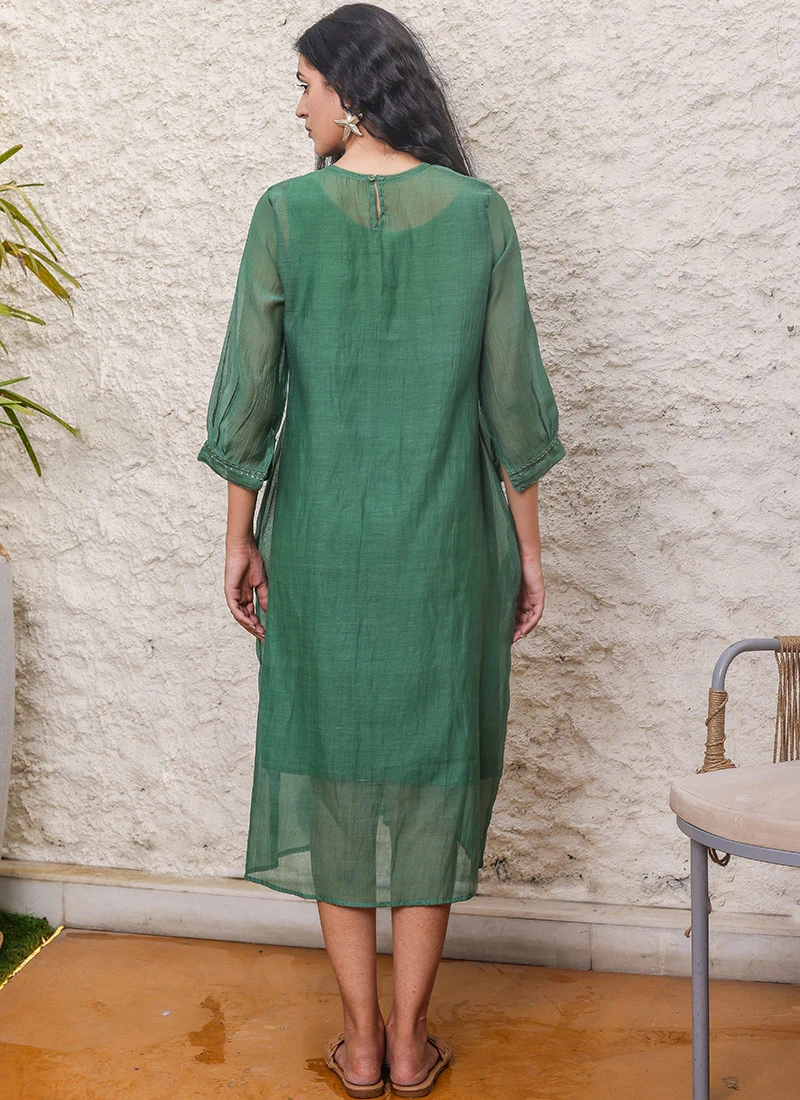 Bottle Green Embroidery Silk Dress Work Wear 6 Bottle Green Embroidery Silk Dress Work Wear - Image 4