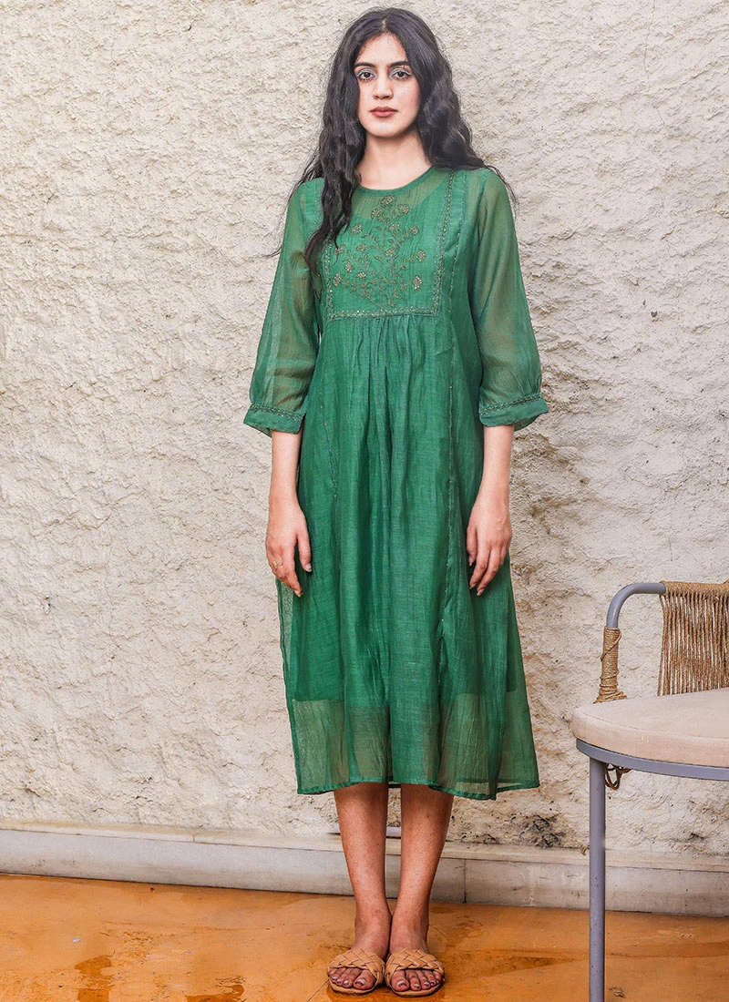 Bottle Green Embroidery Silk Dress Work Wear 5 Bottle Green Embroidery Silk Dress Work Wear - Image 3
