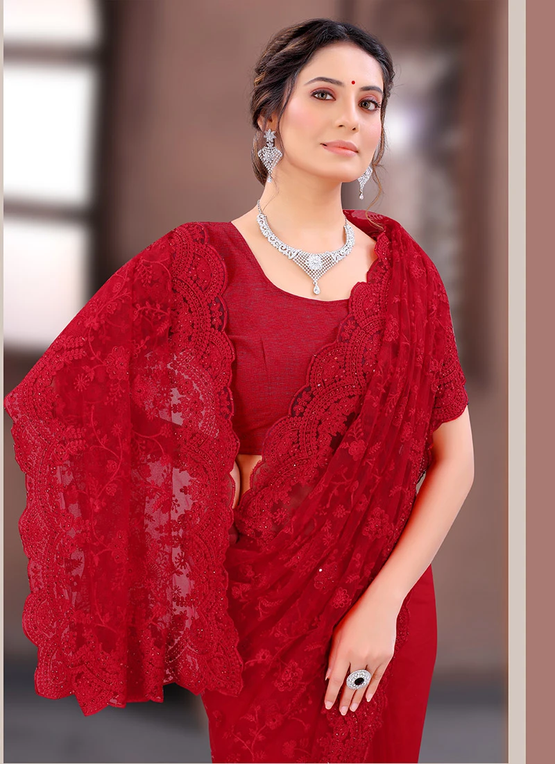 Cherry Red Net Embroidered N Stones Saree Party Wear 6 Cherry Red Net Embroidered N Stones Saree Party Wear - Image 4