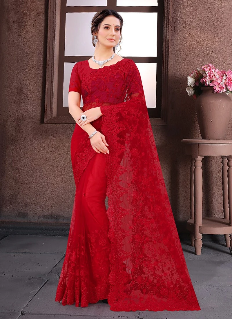 Cherry Red Net Embroidered N Stones Saree Party Wear 5 Cherry Red Net Embroidered N Stones Saree Party Wear - Image 3
