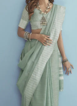 Chikankari Weaved Boder Soft Linen Silk Green Color Saree Festive Wear