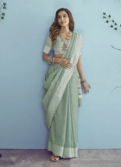 Chikankari Weaved Boder Soft Linen Silk Green Color Saree Festive Wear -Sari Grace Shop chikankari weaved boder soft linen silk green color saree samam1736 u