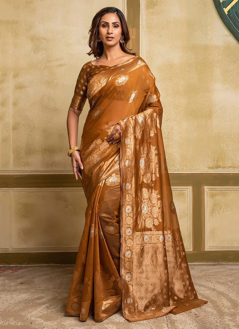 Copper Brown Span Cotton Jacquard Work Saree Party Wear 5 Copper Brown Span Cotton Jacquard Work Saree Party Wear - Image 3