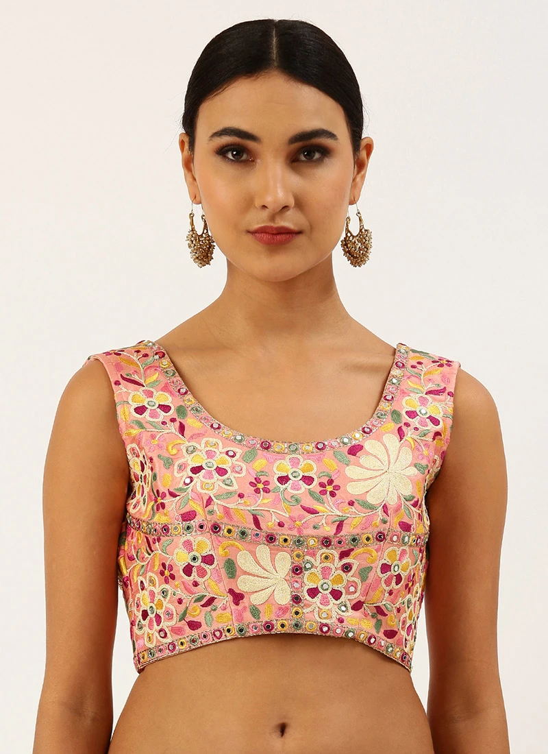 Coral Pink Silk Embroidered Work Blouse Party Wear 5 Coral Pink Silk Embroidered Work Blouse Party Wear - Image 3