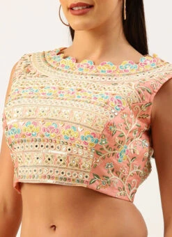 Coral Pink Silk Embroidery Blouse Party Wear