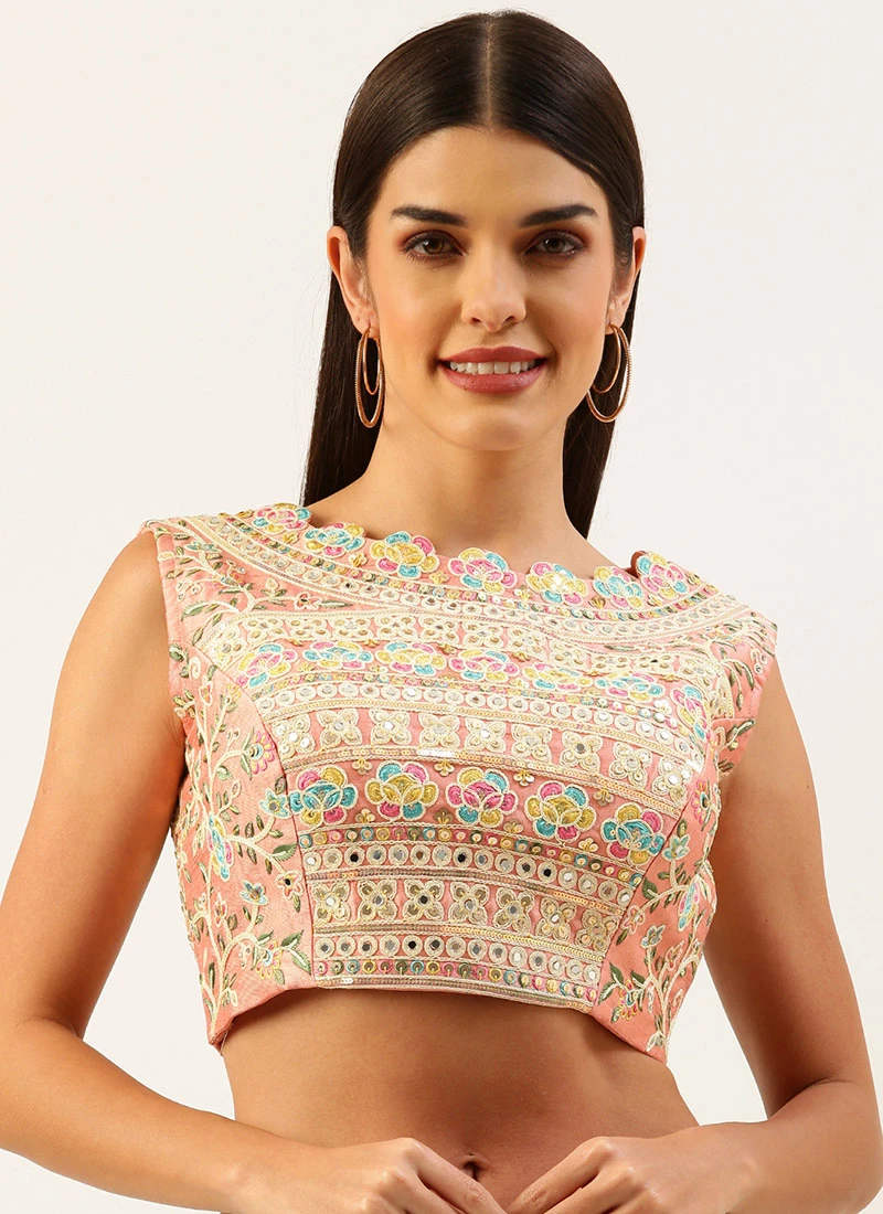 Coral Pink Silk Embroidery Blouse Party Wear 5 Coral Pink Silk Embroidery Blouse Party Wear - Image 3