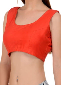 Coral Red Art Dupion Silk Plain Blouse Festive Wear