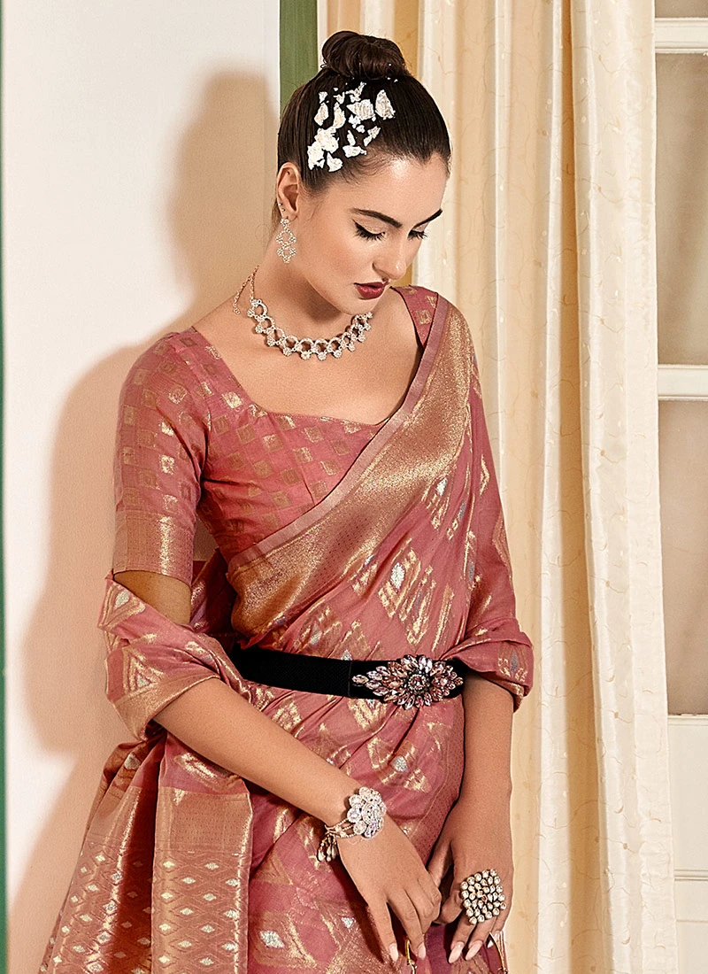 Cotton Modal Silk Onion Pink Color Zari Work Saree Party Wear 6 Cotton Modal Silk Onion Pink Color Zari Work Saree Party Wear - Image 4