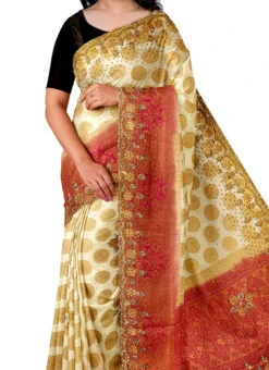 Cream Kanjeevaram Silk Hand Embroidered Saree Festive Wear