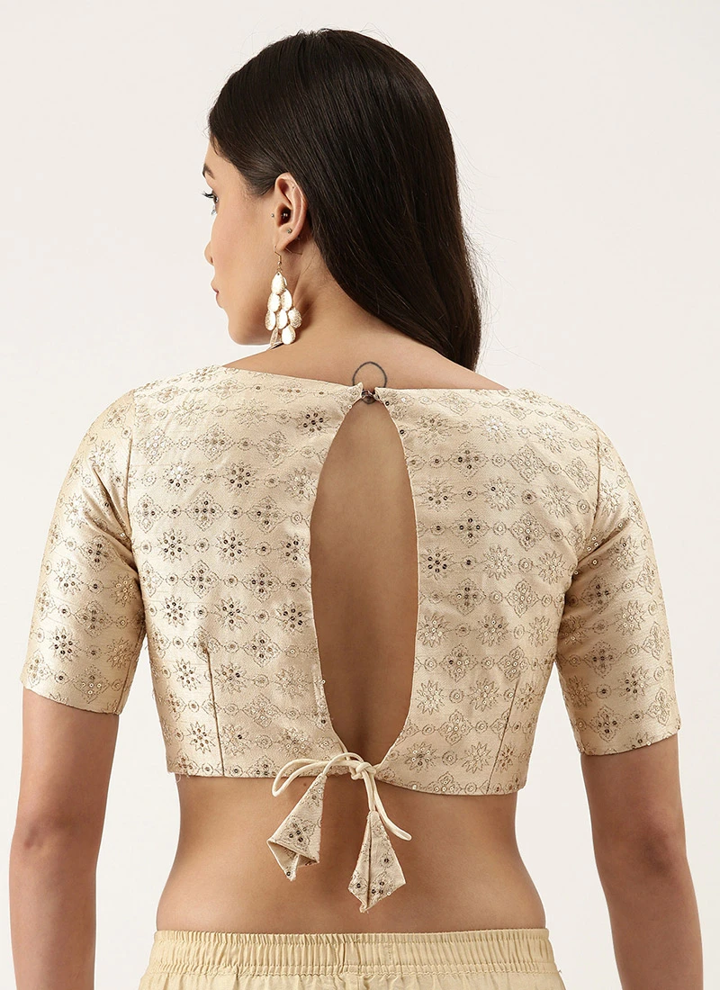 Cream Silk Embroidered Work Blouse Party Wear 6 Cream Silk Embroidered Work Blouse Party Wear - Image 4