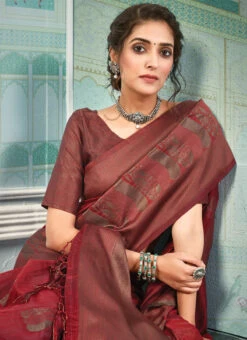 Currant Maroon Linen Woven Zari Work Saree Festive Wear 9 Currant Maroon Linen Woven Zari Work Saree Festive Wear -Sari Grace Shop currant maroon linen woven zari work saree sassgbom2001 b