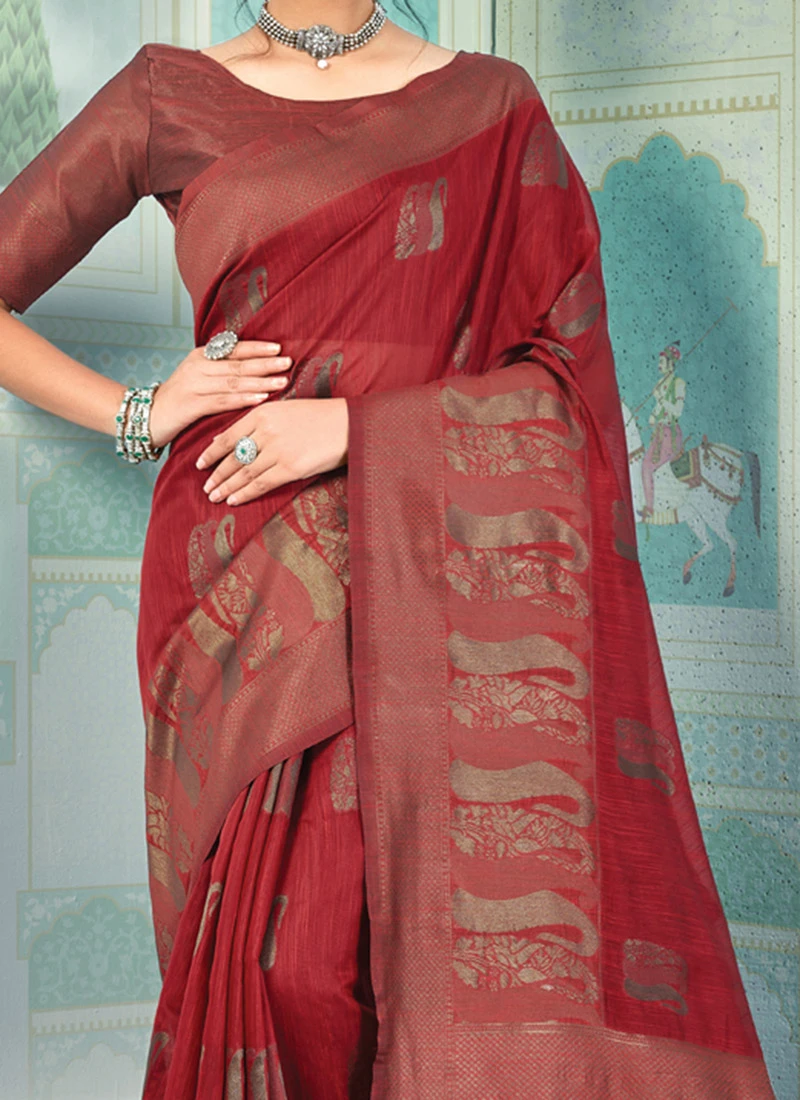 Currant Maroon Linen Woven Zari Work Saree Festive Wear 3 Currant Maroon Linen Woven Zari Work Saree Festive Wear