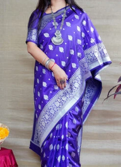 Dark Blue Kancheepuram Silk Zari Work Saree Festive Wear