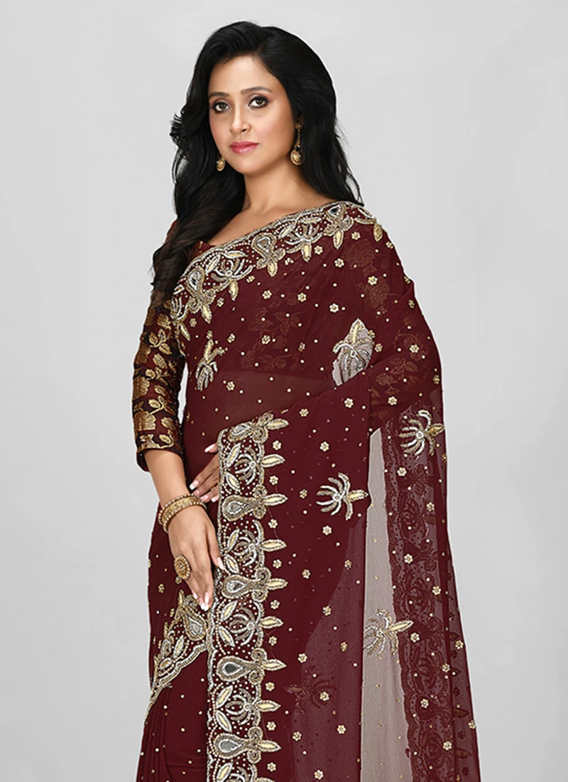 Dark Brown Georgette Hand Work Saree Festive Wear 6 Dark Brown Georgette Hand Work Saree Festive Wear - Image 4