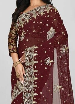 Dark Brown Georgette Hand Work Saree Festive Wear