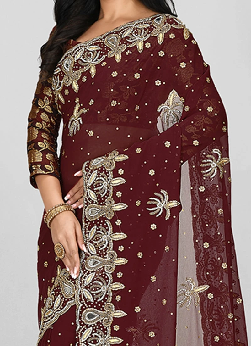 Dark Brown Georgette Hand Work Saree Festive Wear 3 Dark Brown Georgette Hand Work Saree Festive Wear