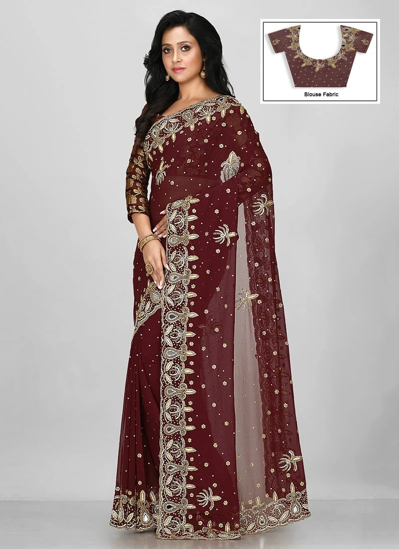 Dark Brown Georgette Hand Work Saree Festive Wear 5 Dark Brown Georgette Hand Work Saree Festive Wear - Image 3