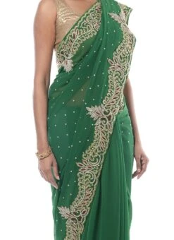 Dark Green Chiffon Border Saree Wedding Wear