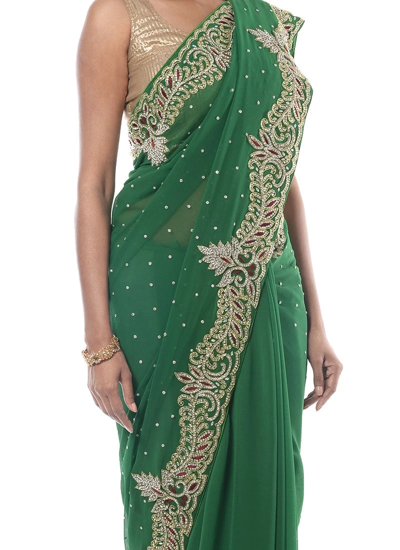 Dark Green Chiffon Border Saree Wedding Wear 3 Dark Green Chiffon Border Saree Wedding Wear